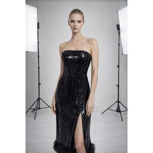 ✨ NBD Kalindi Sequin Midi Dress – Black Strapless Glam w/ Feather Trim ✨
